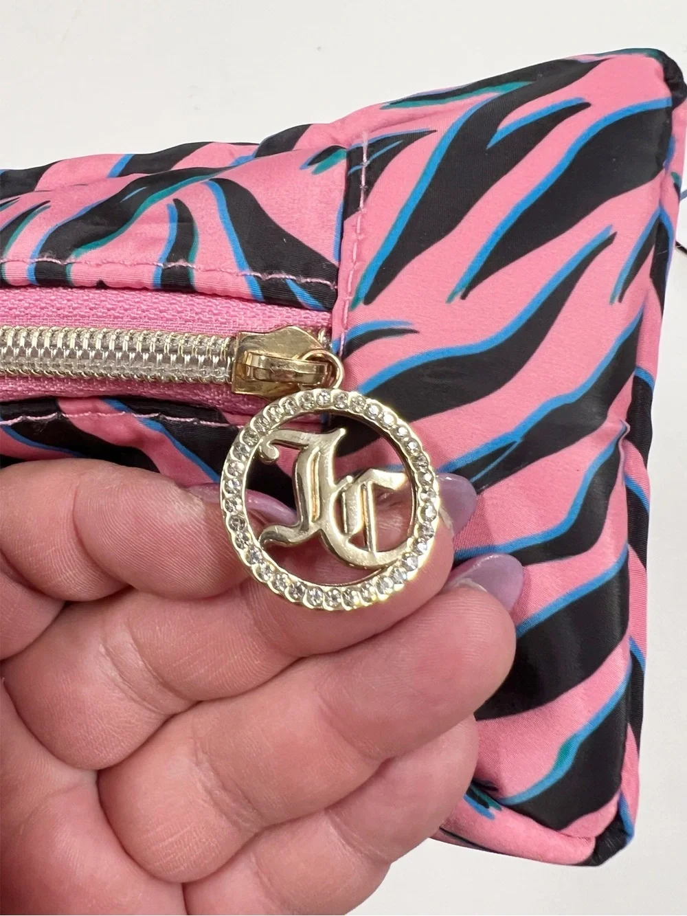 Juicy Couture Womens Puffy Pink Zebra Print Cosmetic Pouch Bag with Gold Logo